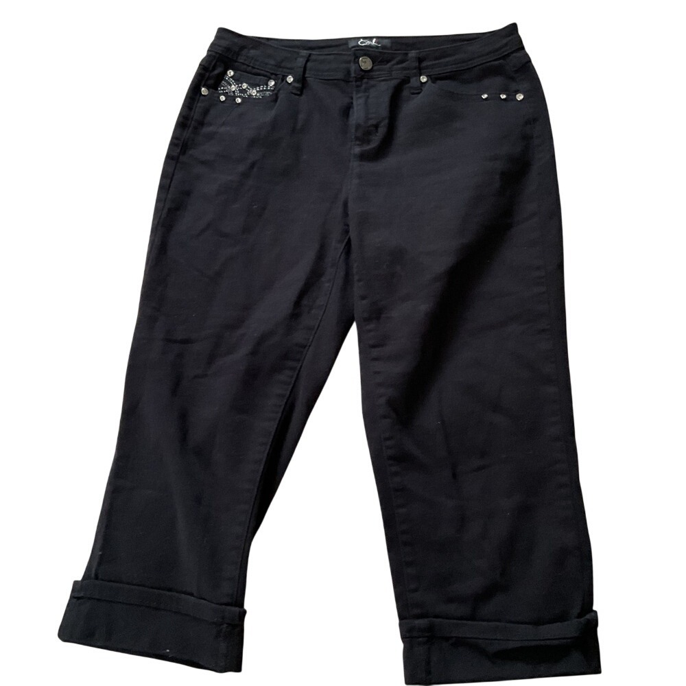 Earl Jean Black Embellished Rhinestone Cuffed‎ Crop Capri Pants Womens Size 10
